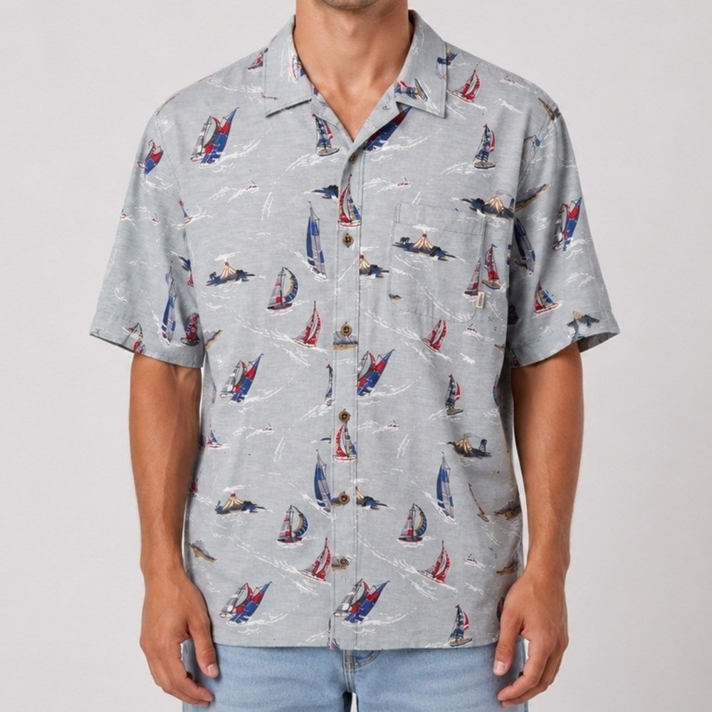 Vans Mens‎ Classic Fit Blue Sailboat Volcano Island Button Up Shirt Size Large
